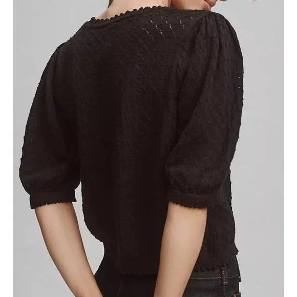 NEW By Anthropologie Womens XL Black Puff Sleeve Pointelle Knit Cardigan Sweater - Picture 3 of 13